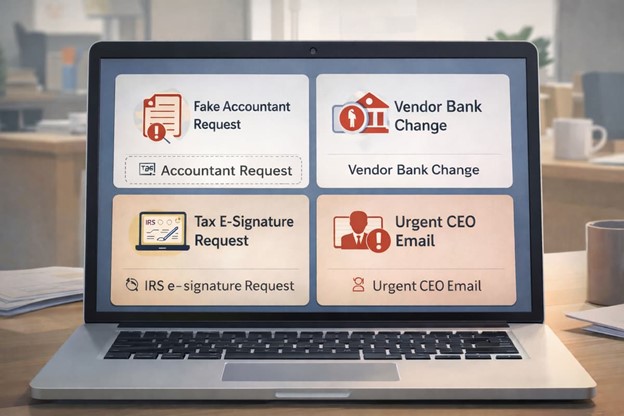 Example phishing emails on a business laptop during tax season in Conway and North Little Rock.