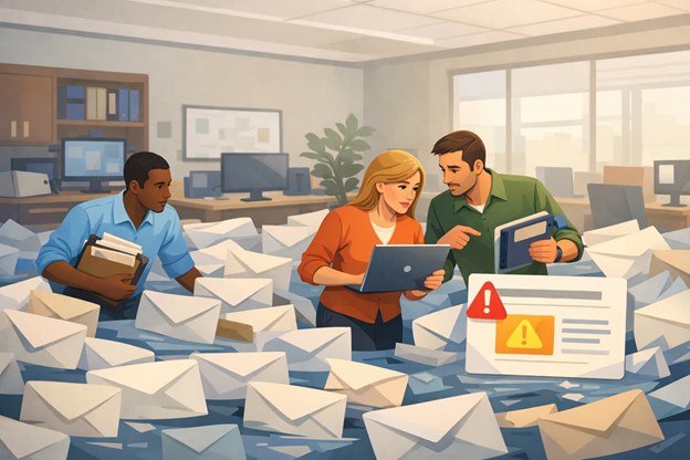 Small-business staff reviewing tax-season emails with one flagged for phishing