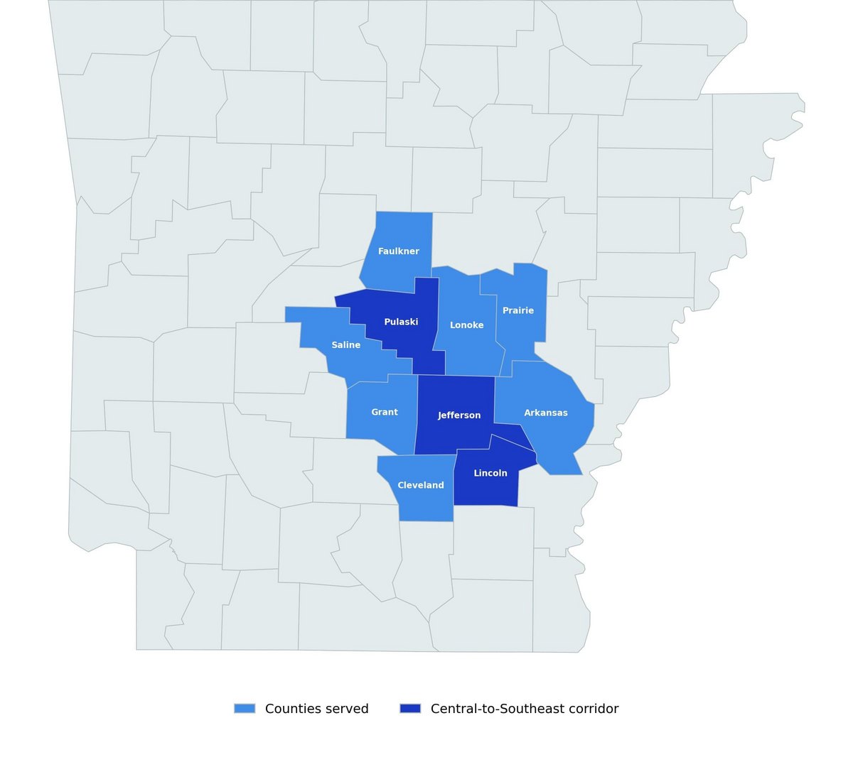 Arkansas service area map: 10 highlighted counties in Central and Southeast Arkansas, with the Pulaski / Jefferson / Lincoln connecting corridor in darker blue
