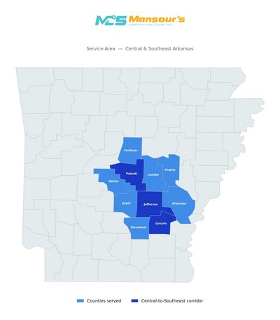 Mansour's Computer Solutions service area: 10 counties in Central and Southeast Arkansas