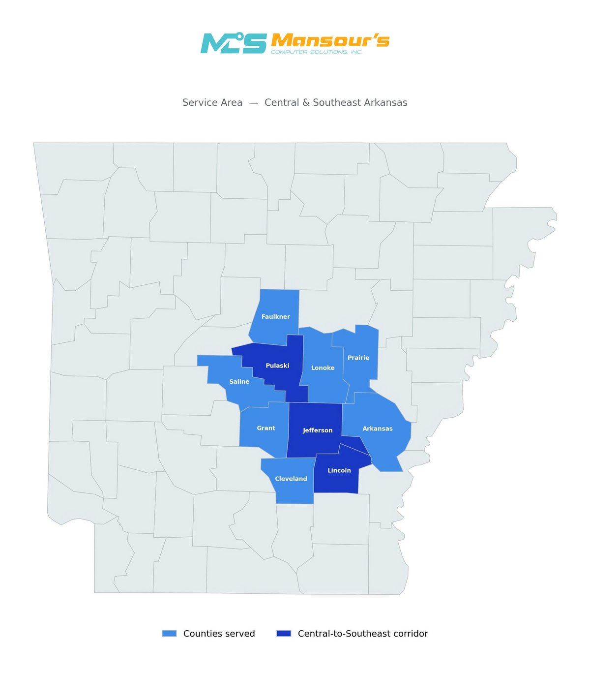 Mansour's Computer Solutions service area map: 10 counties in Central and Southeast Arkansas, with the Pulaski / Jefferson / Lincoln corridor from Little Rock to Star City highlighted
